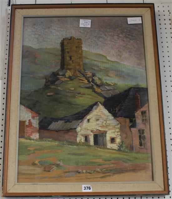 Follower of Paul Henry , pastel, Irish landscape with croft and ruined castle, bears label verso(-)